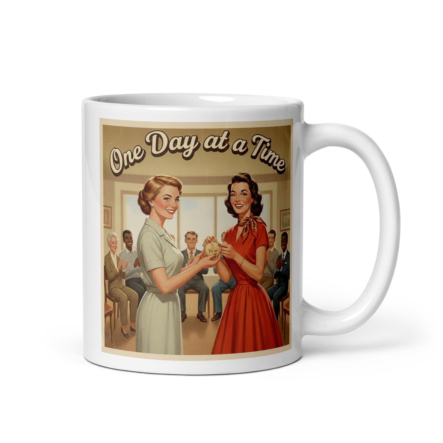 1950s retro one day at a time sobriety coffee mug design featuring women celebrating a one year recovery milestone with supportive group and vintage artwork.