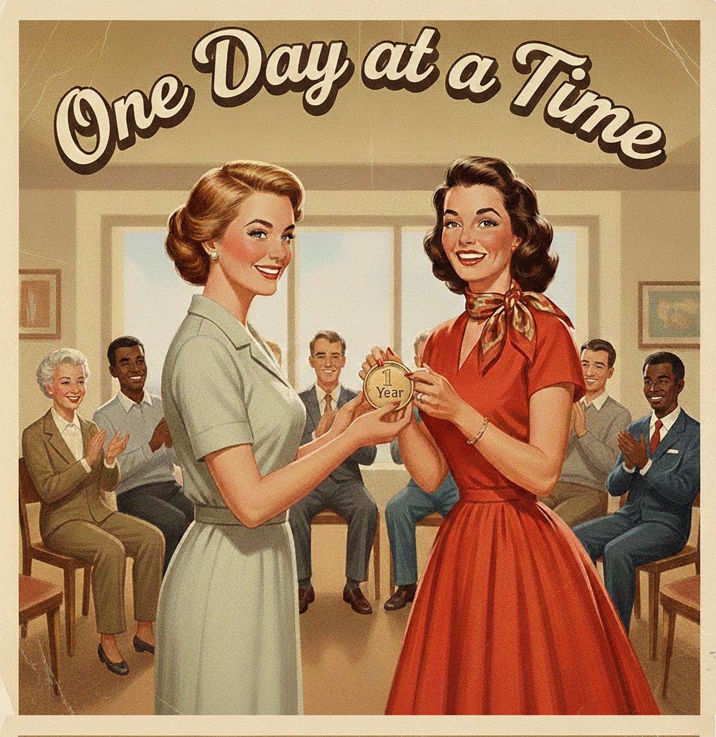 Thumbprint of a 1950s retro one day at a time sobriety coffee mug design featuring women celebrating a one year recovery milestone with supportive group and vintage artwork.