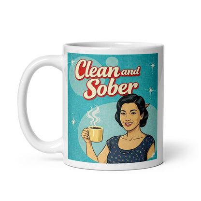 1950s retro style “Clean and Sober” illustration featuring a smiling vintage woman holding a coffee mug with atomic starbursts and turquoise background for a sobriety themed coffee mug design.
