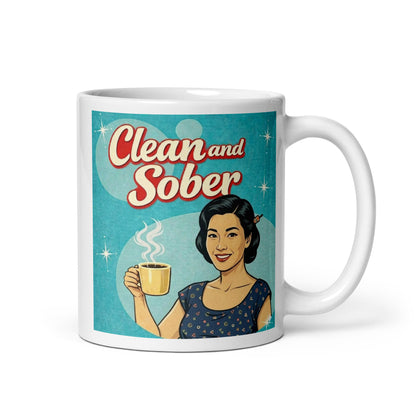Cool looking 1950s retro style “Clean and Sober” illustration featuring a smiling vintage woman holding a coffee mug with atomic starbursts and turquoise background for a sobriety themed coffee mug design.