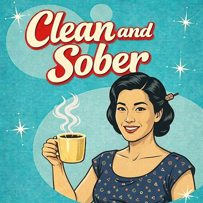 Thumbnail of a 1950s retro style “Clean and Sober” illustration featuring a smiling vintage woman holding a coffee mug with atomic starbursts and turquoise background for a sobriety themed coffee mug design.