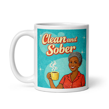 1950s retro clean and sober coffee mug design featuring smiling woman holding coffee with atomic mid-century background.