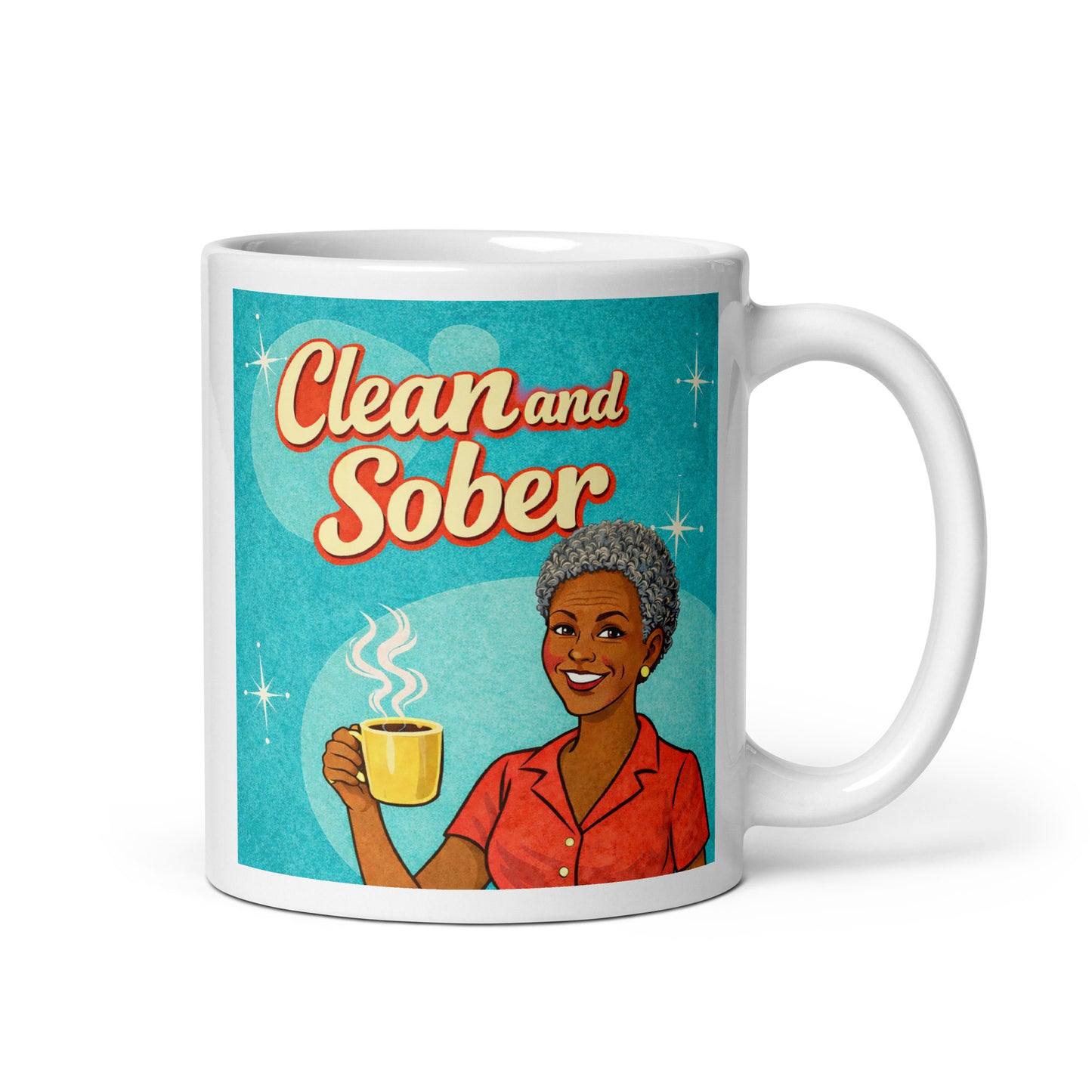Super cool 1950s retro clean and sober coffee mug design featuring smiling woman holding coffee with atomic mid-century background.