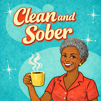 Thumbnail of a 1950s retro clean and sober coffee mug design featuring smiling woman holding coffee with atomic mid-century background.
