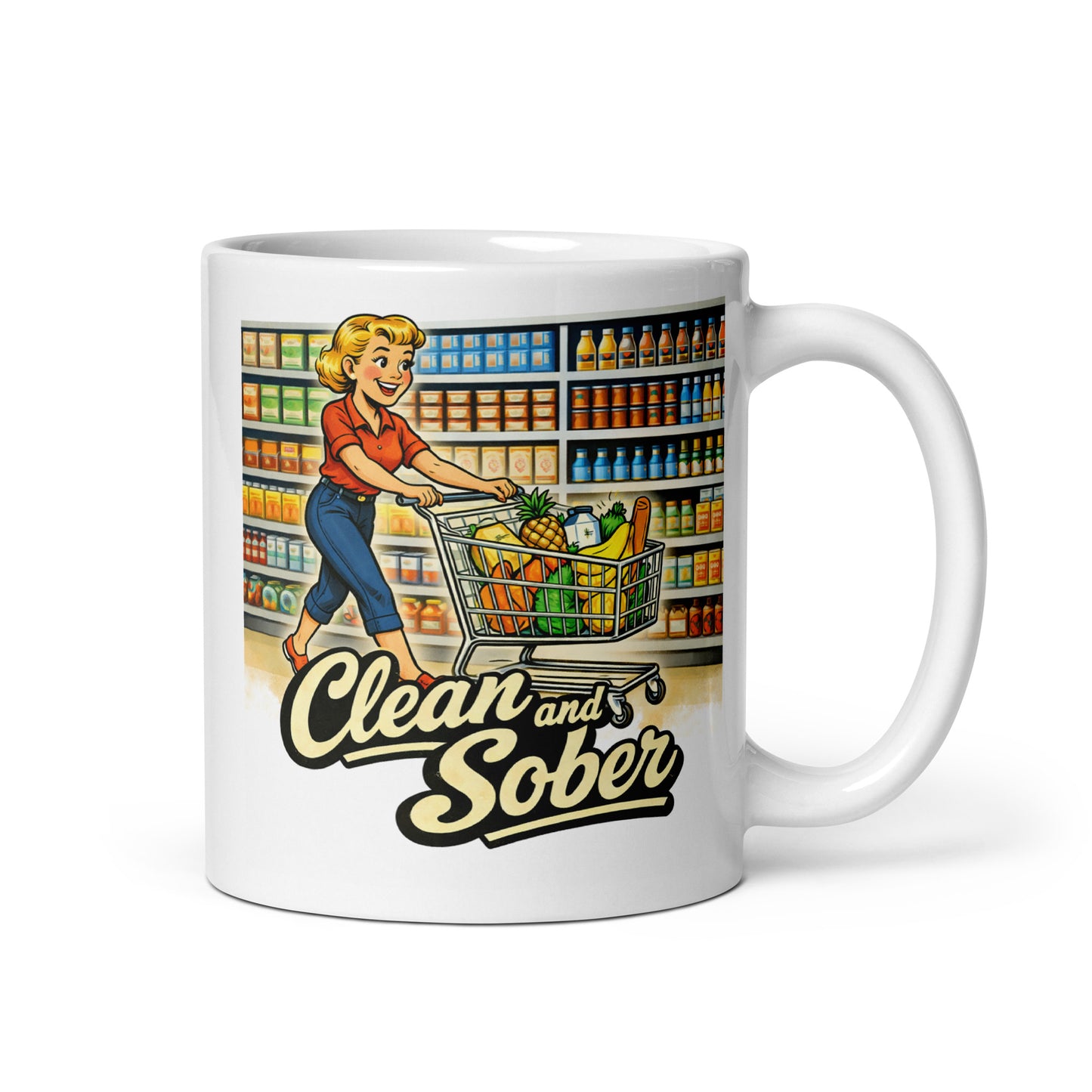 Clean and Sober Retro Coffee Mug – 1950s Grocery Store Mug – Vintage Recovery Gift – Healthy Living Inspirational Coffee Cup