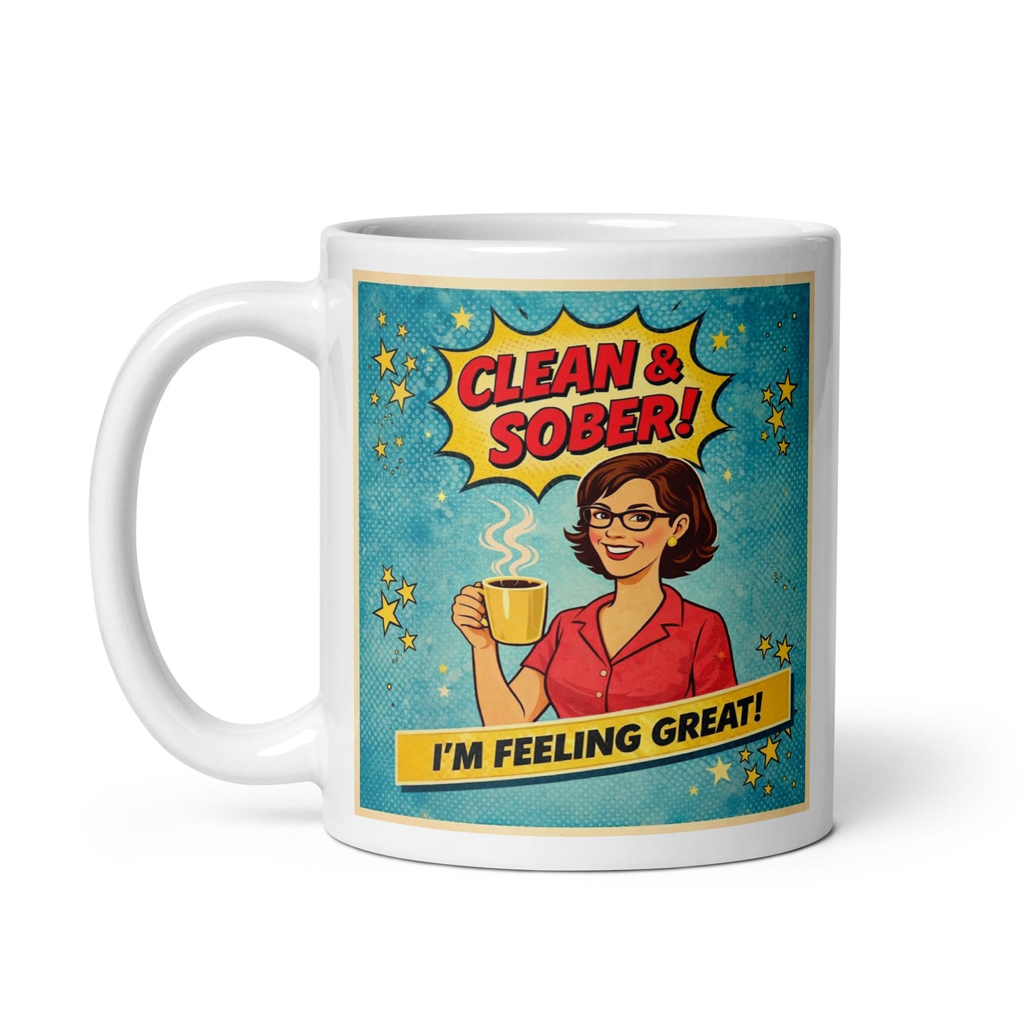 Cool looking 1950s retro comic-style clean and sober coffee mug design featuring a smiling woman with glasses holding coffee and text saying “I’m Feeling Great!”