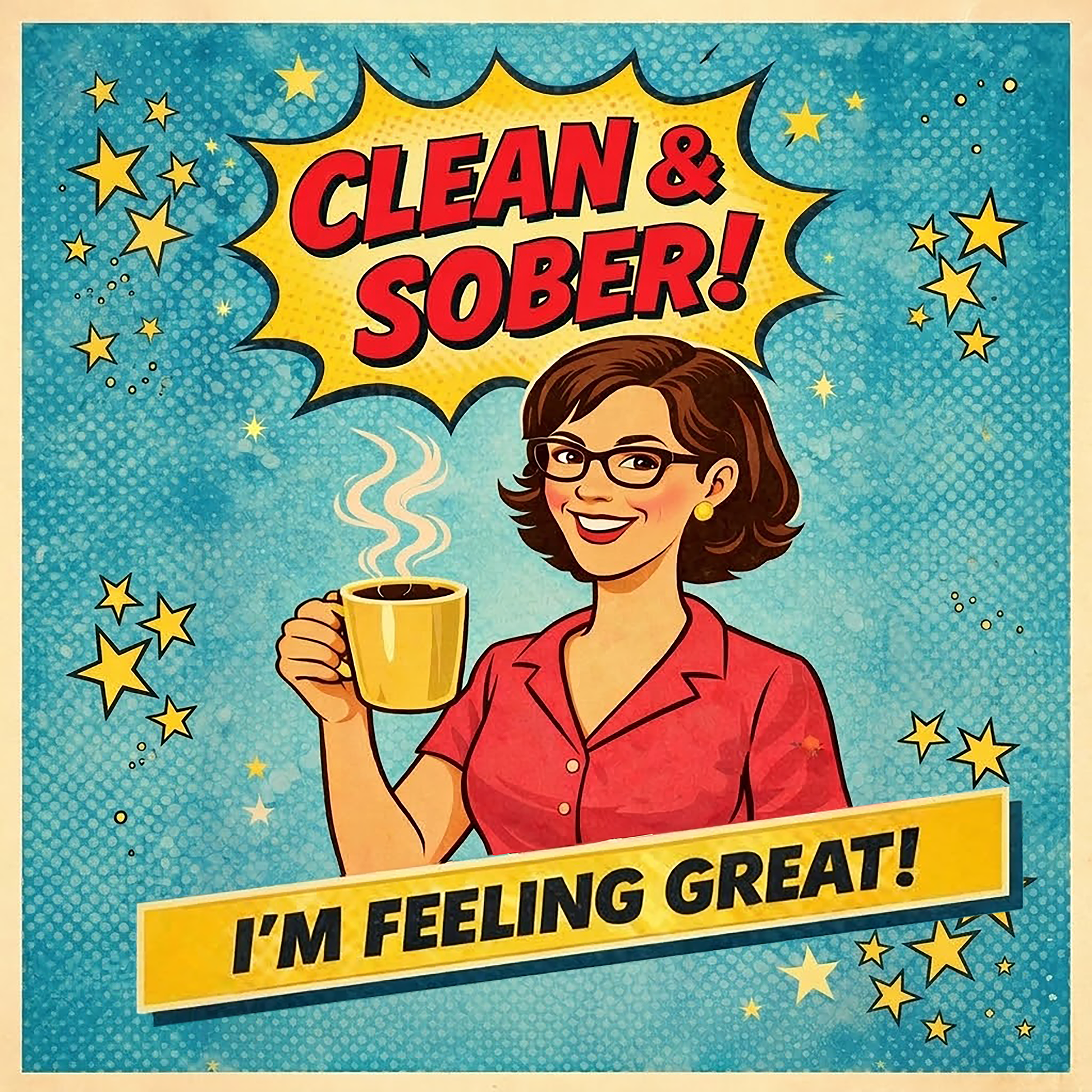 Thumbnail of a 1950s retro comic-style clean and sober coffee mug design featuring a smiling woman with glasses holding coffee and text saying “I’m Feeling Great!”