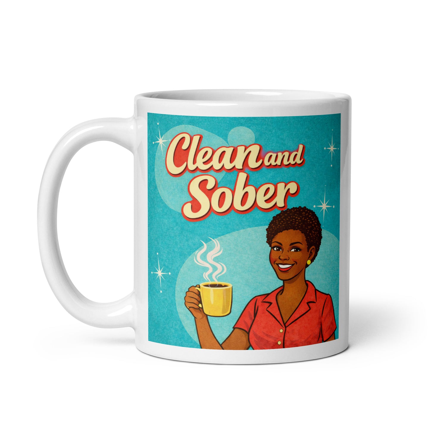 Nifty cool 1950s retro clean and sober coffee mug design featuring a smiling woman holding a steaming coffee cup with vintage atomic-style background and typography.