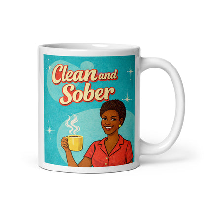 1950s retro clean and sober coffee mug design featuring a smiling woman holding a steaming coffee cup with vintage atomic-style background and typography.