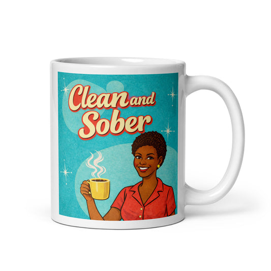 1950s retro clean and sober coffee mug design featuring a smiling woman holding a steaming coffee cup with vintage atomic-style background and typography.
