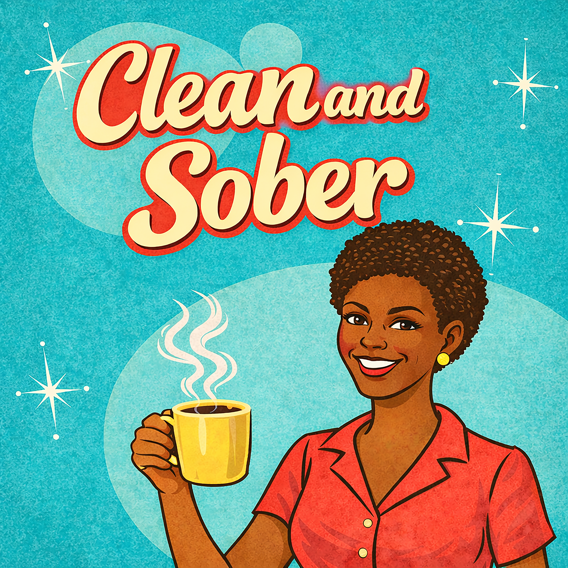 Thumbnail of a 1950s retro clean and sober coffee mug design featuring a smiling woman holding a steaming coffee cup with vintage atomic-style background and typography.