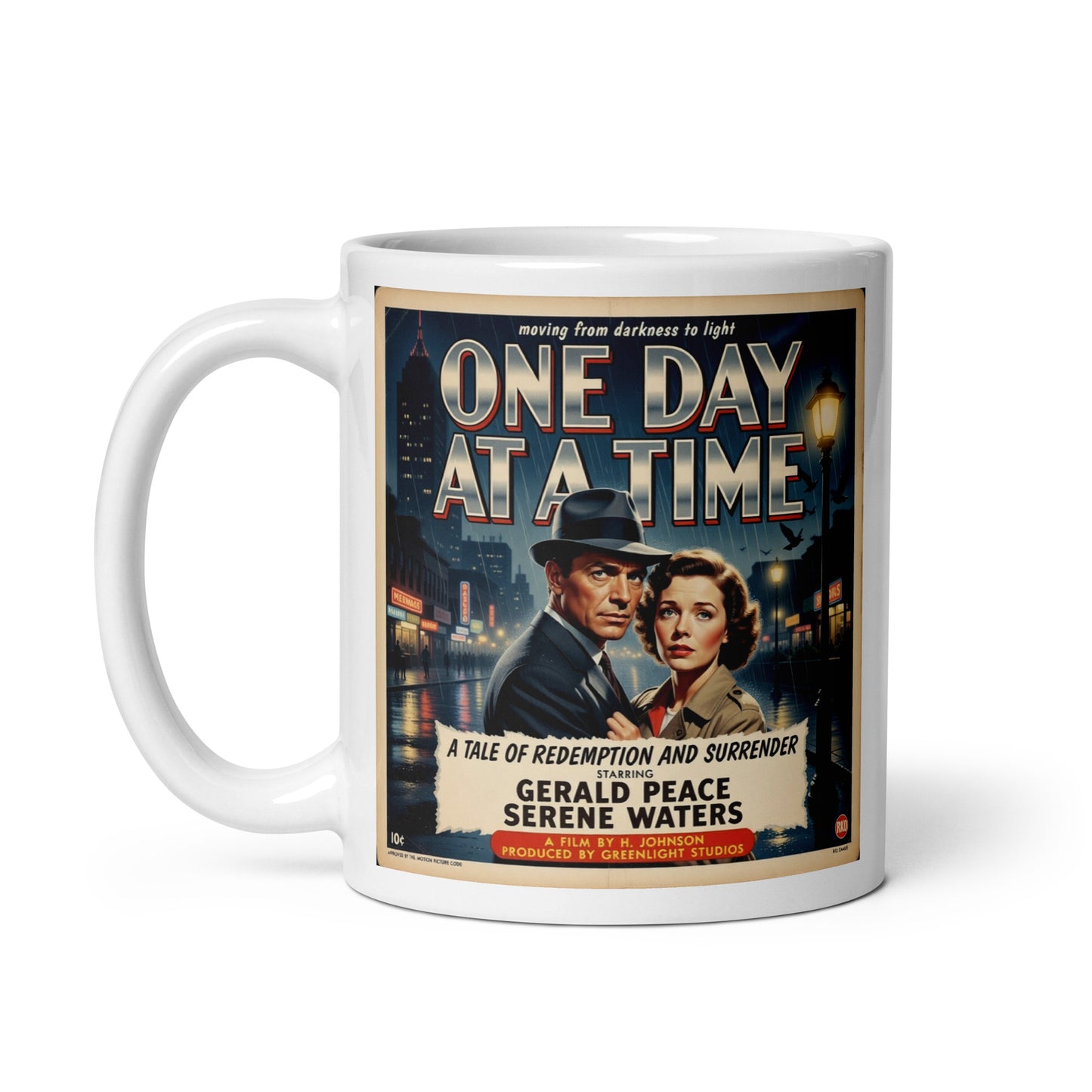 1950s retro movie poster style sobriety coffee mug featuring “One Day at a Time” text with a couple standing in a rainy city street at night.
