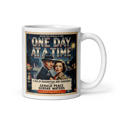 Film noir style 1950s retro movie poster sobriety coffee mug featuring “One Day at a Time” text with a couple standing in a rainy city street at night.