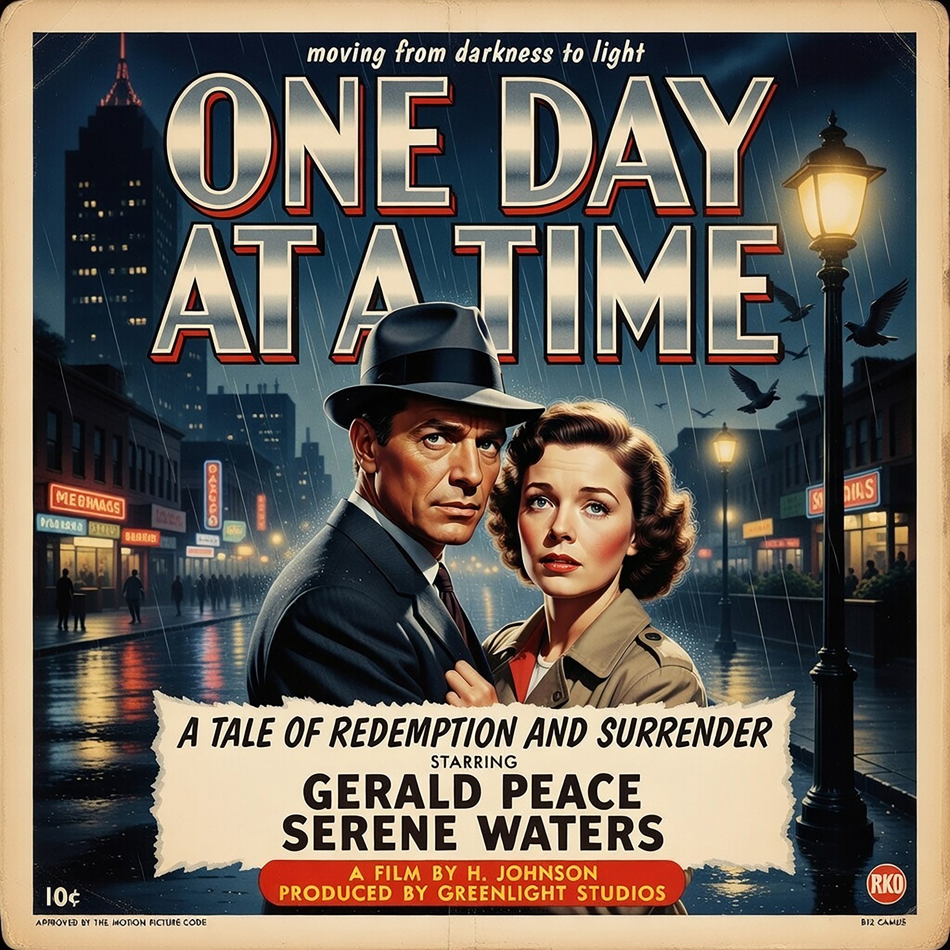Thumbnail of a 1950s retro movie poster style sobriety coffee mug featuring “One Day at a Time” text with a couple standing in a rainy city street at night.
