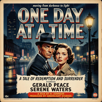 Thumbnail of a 1950s retro movie poster style sobriety coffee mug featuring “One Day at a Time” text with a couple standing in a rainy city street at night.