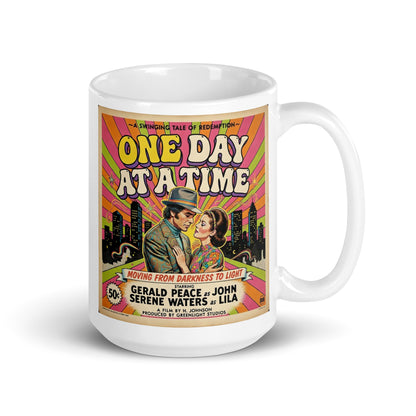 1960s psychedelic retro movie poster style illustration reading “One Day at a Time” with a colorful rainbow burst background, vintage couple, city skyline, and sobriety recovery theme designed for a coffee mug. Moving from darkness to light.