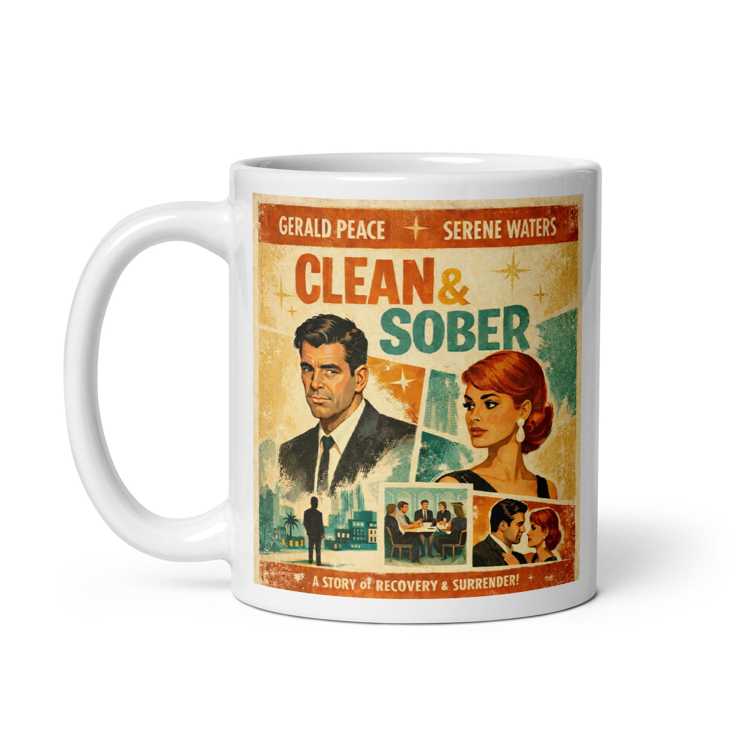 Cool 1960s retro movie poster style “Clean & Sober” sobriety illustration featuring vintage characters, cinematic collage artwork, city scenes, and recovery-themed typography for a coffee mug design.