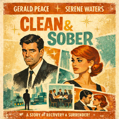 Thumbnail of a 1960s retro movie poster style “Clean & Sober” sobriety illustration featuring vintage characters, cinematic collage artwork, city scenes, and recovery-themed typography for a coffee mug design.