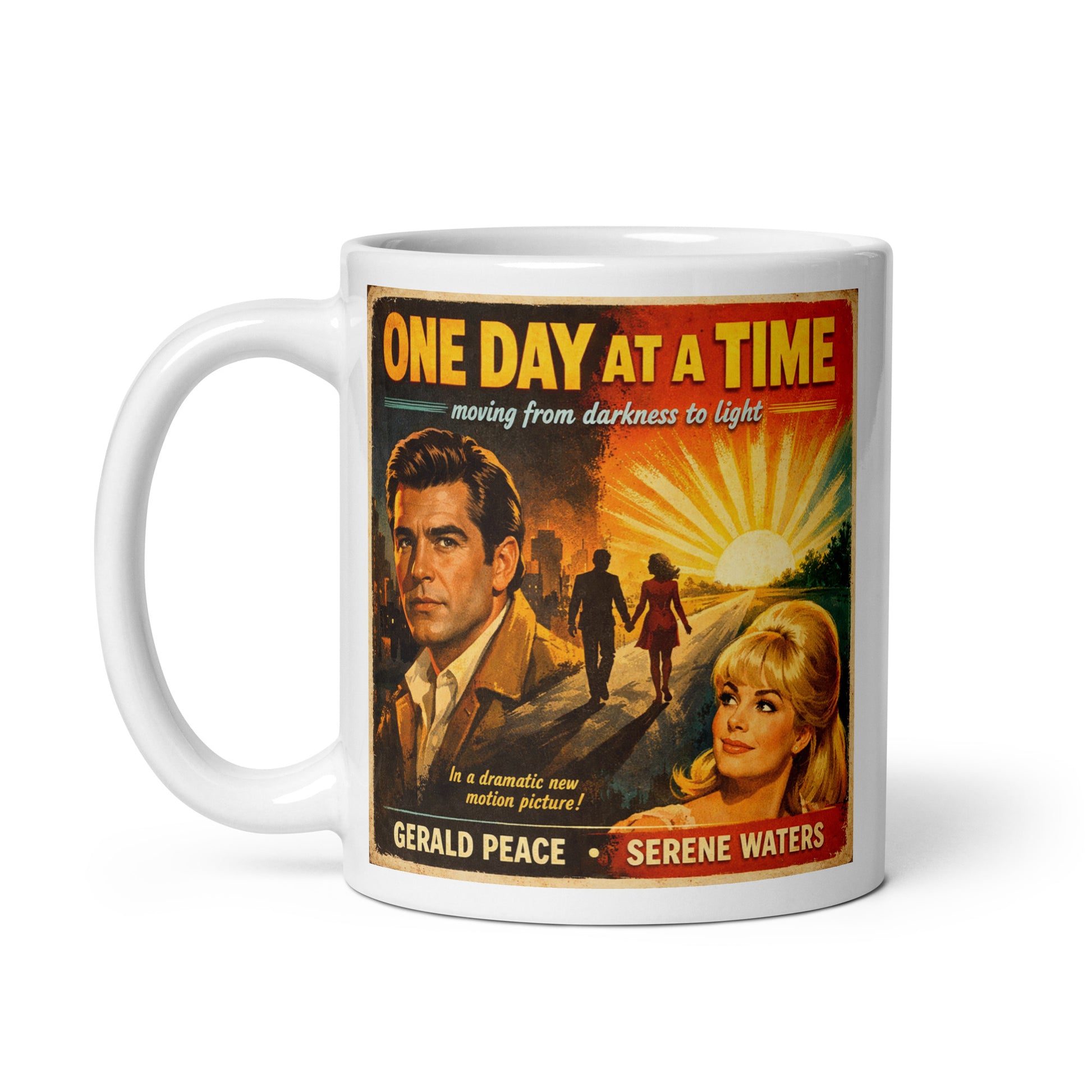 Vintage 1960s retro movie poster style sobriety illustration featuring the phrase “One Day at a Time,” dramatic vintage characters, sunrise imagery, and a recovery theme symbolizing moving from darkness to light for a coffee mug design.