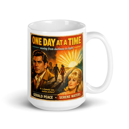 Cool 1960s retro movie poster style sobriety illustration featuring the phrase “One Day at a Time,” dramatic vintage characters, sunrise imagery, and a recovery theme symbolizing moving from darkness to light for a coffee mug design.