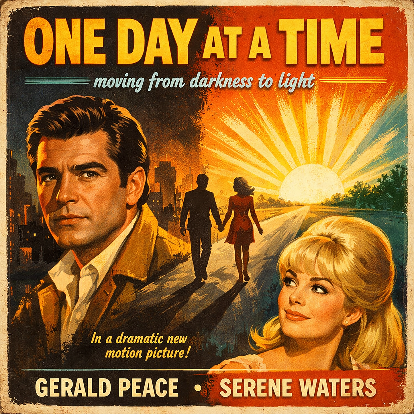 Thumbnail of a 1960s retro movie poster style sobriety illustration featuring the phrase “One Day at a Time,” dramatic vintage characters, sunrise imagery, and a recovery theme symbolizing moving from darkness to light for a coffee mug design.