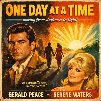 Thumbnail of a 1960s retro movie poster style sobriety illustration featuring the phrase “One Day at a Time,” dramatic vintage characters, sunrise imagery, and a recovery theme symbolizing moving from darkness to light for a coffee mug design.