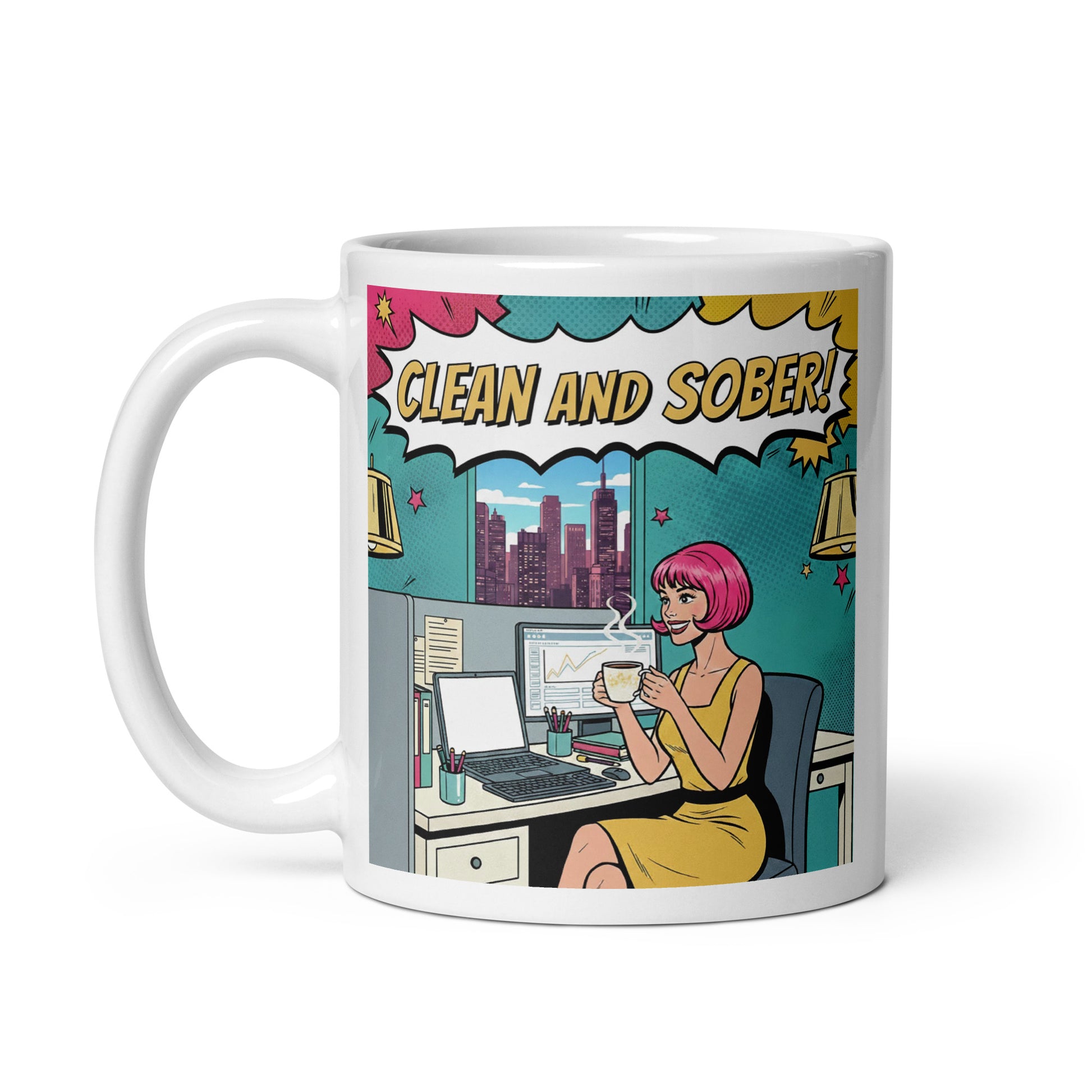Lively 1960s retro pop art style “Clean and Sober!” illustration featuring a woman with pink hair drinking coffee at an office desk with a city skyline, comic book graphics, and vintage sobriety-themed typography for a coffee mug design.