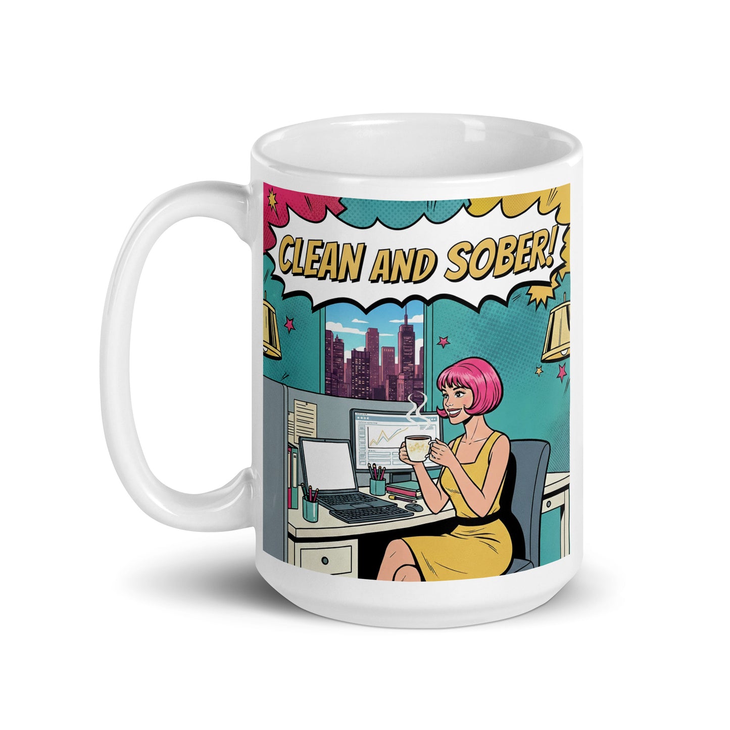 Beautiful 1960s retro pop art style “Clean and Sober!” illustration featuring a woman with pink hair drinking coffee at an office desk with a city skyline, comic book graphics, and vintage sobriety-themed typography for a coffee mug design.