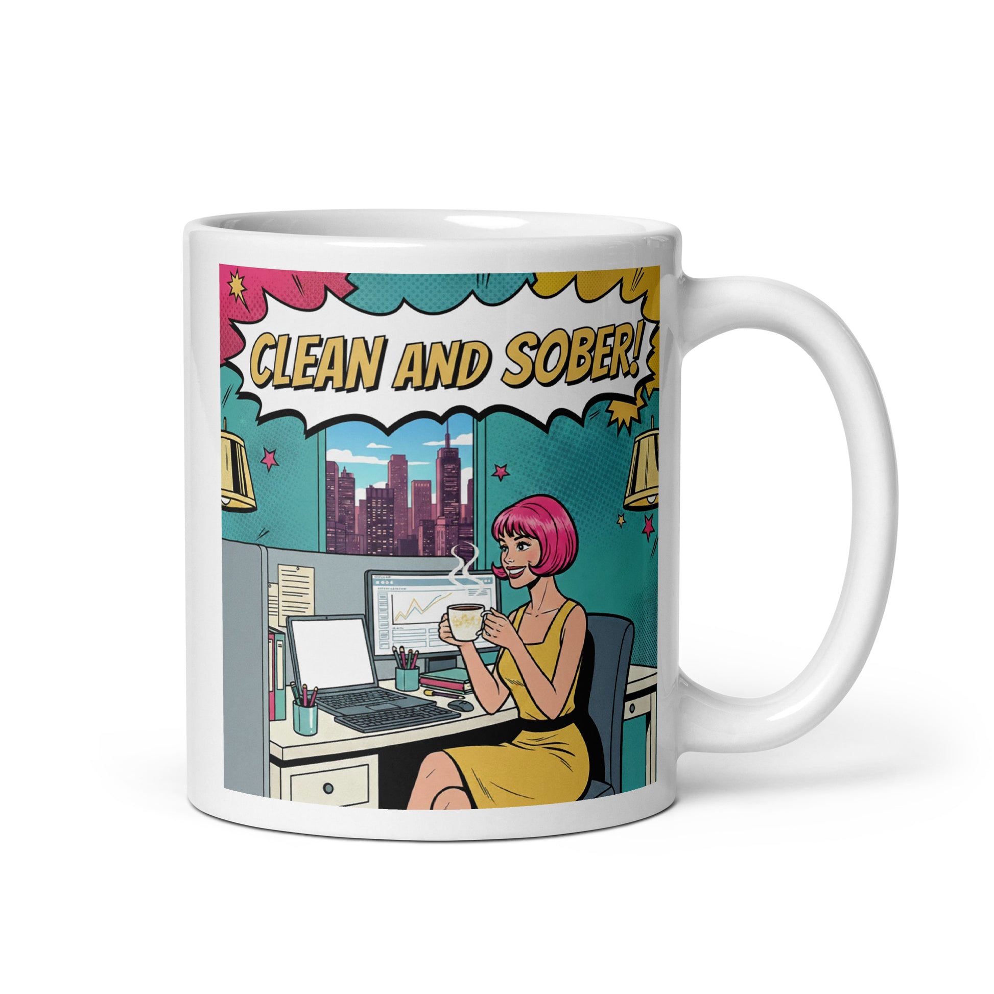 1960s retro pop art style “Clean and Sober!” illustration featuring a woman with pink hair drinking coffee at an office desk with a city skyline, comic book graphics, and vintage sobriety-themed typography for a coffee mug design.