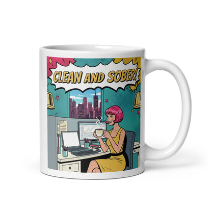 1960s retro pop art style “Clean and Sober!” illustration featuring a woman with pink hair drinking coffee at an office desk with a city skyline, comic book graphics, and vintage sobriety-themed typography for a coffee mug design.