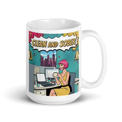 Dynamic 1960s retro pop art style “Clean and Sober!” illustration featuring a woman with pink hair drinking coffee at an office desk with a city skyline, comic book graphics, and vintage sobriety-themed typography for a coffee mug design.