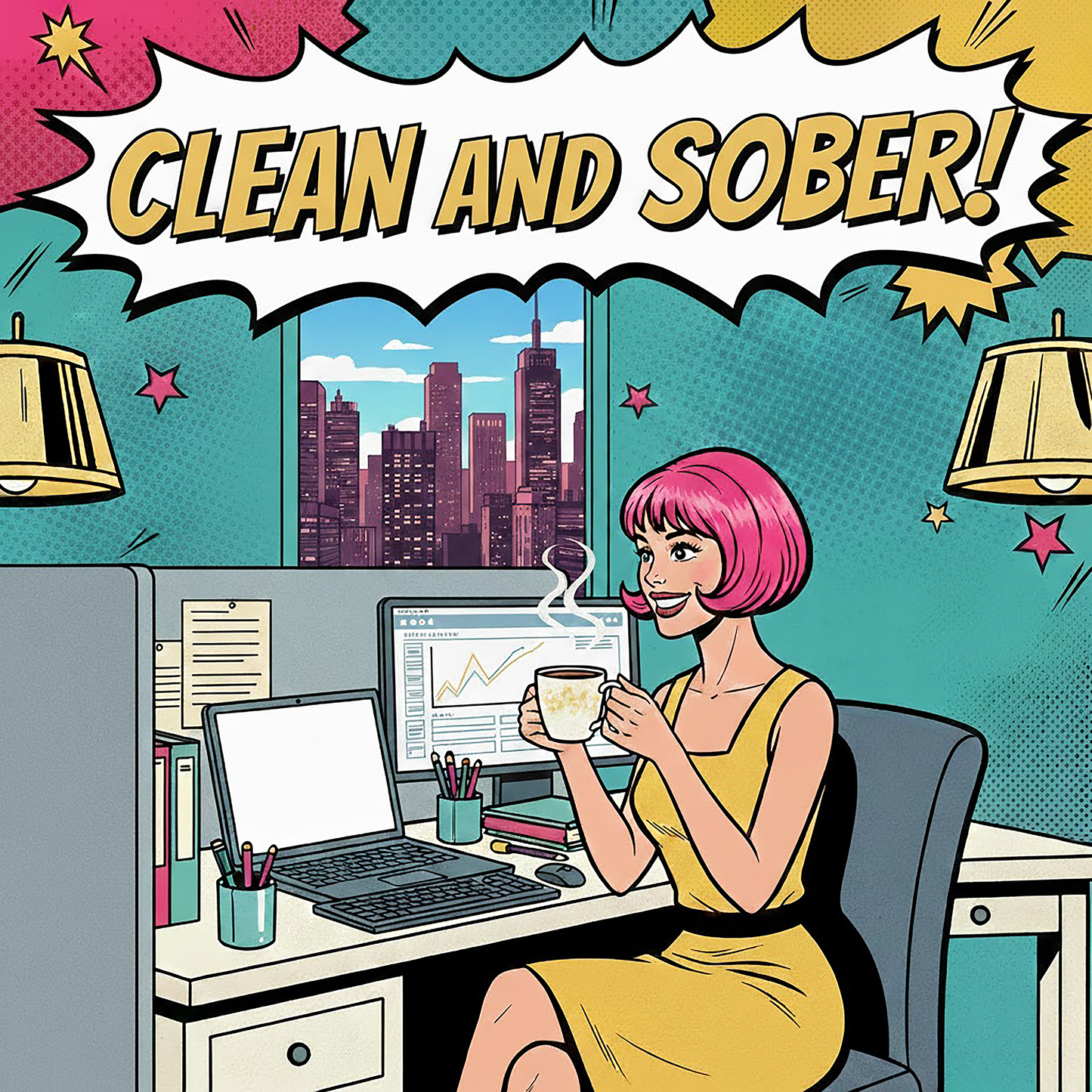 Thumbnail of a 1960s retro pop art style “Clean and Sober!” illustration featuring a woman with pink hair drinking coffee at an office desk with a city skyline, comic book graphics, and vintage sobriety-themed typography for a coffee mug design.