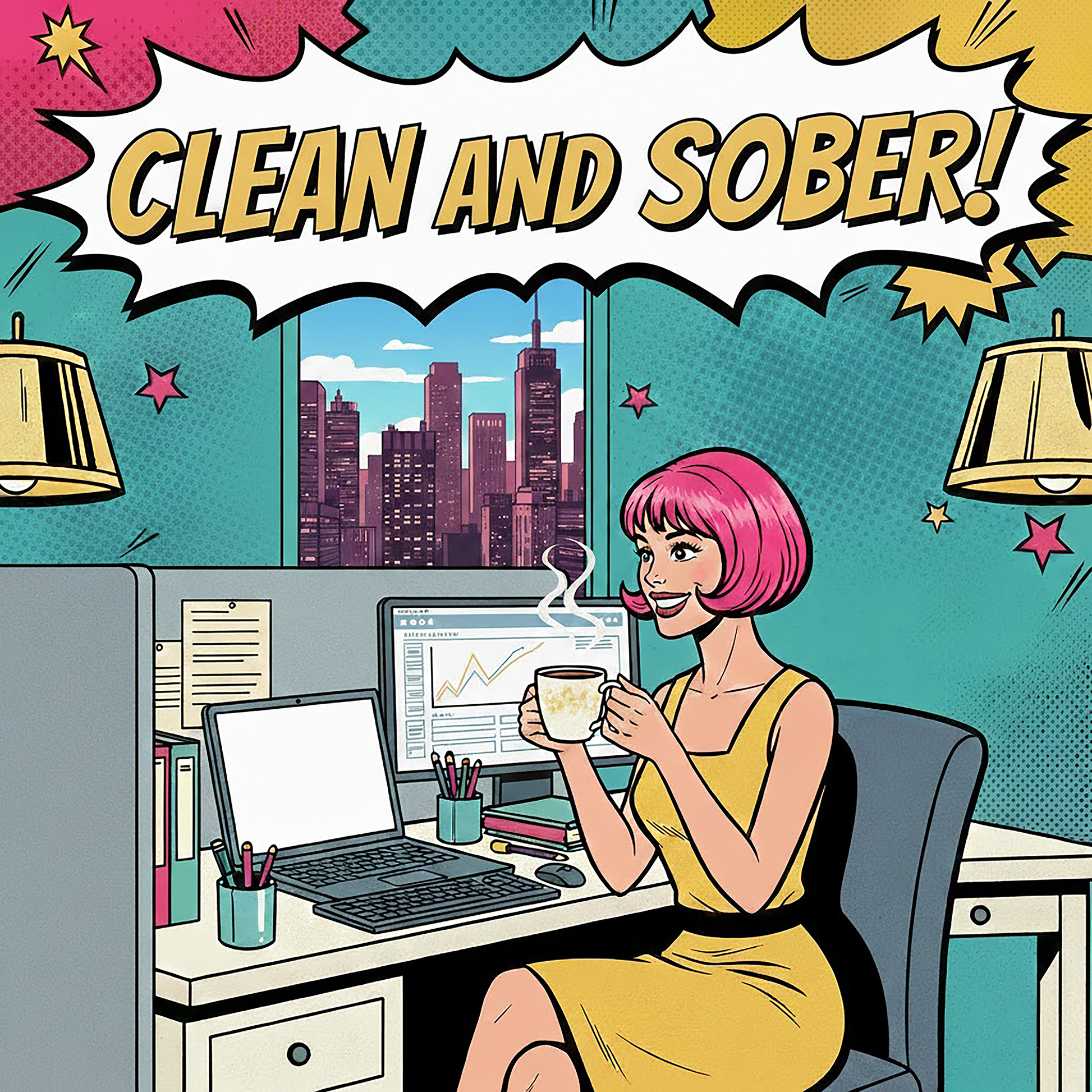 Thumbnail of a 1960s retro pop art style “Clean and Sober!” illustration featuring a woman with pink hair drinking coffee at an office desk with a city skyline, comic book graphics, and vintage sobriety-themed typography for a coffee mug design.