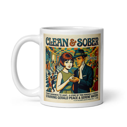 1960s retro movie poster style “Clean & Sober” illustration featuring a stylish couple holding a symbolic key at a celebration with dancers, jazz club atmosphere, and vintage sobriety-themed typography on a coffee mug design. From darkness to light.