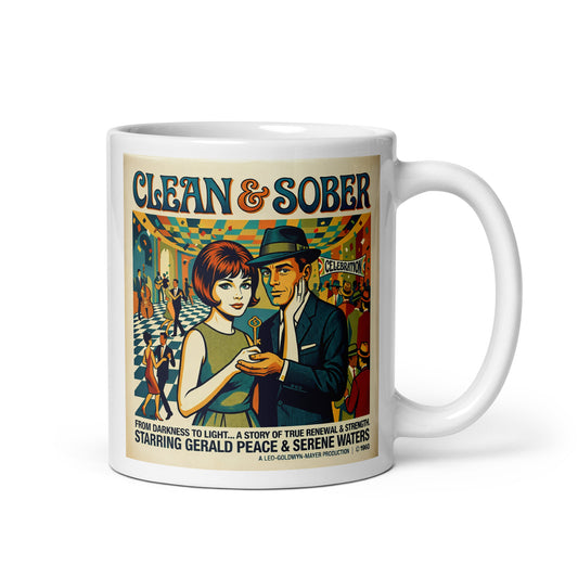 1960s retro movie poster style “Clean & Sober” illustration featuring a stylish couple holding a symbolic key at a celebration with dancers, jazz club atmosphere, and vintage sobriety-themed typography on a coffee mug design.