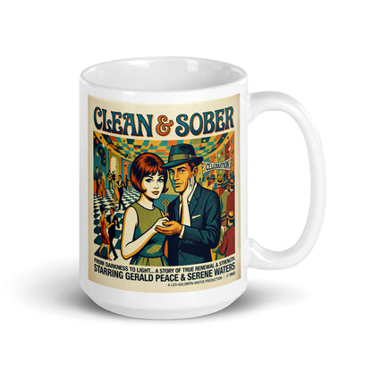 1960s retro movie poster style “Clean & Sober” illustration featuring a stylish couple holding a symbolic key at a celebration with dancers, jazz club atmosphere, and vintage sobriety-themed typography on a coffee mug design. True Renewal story.