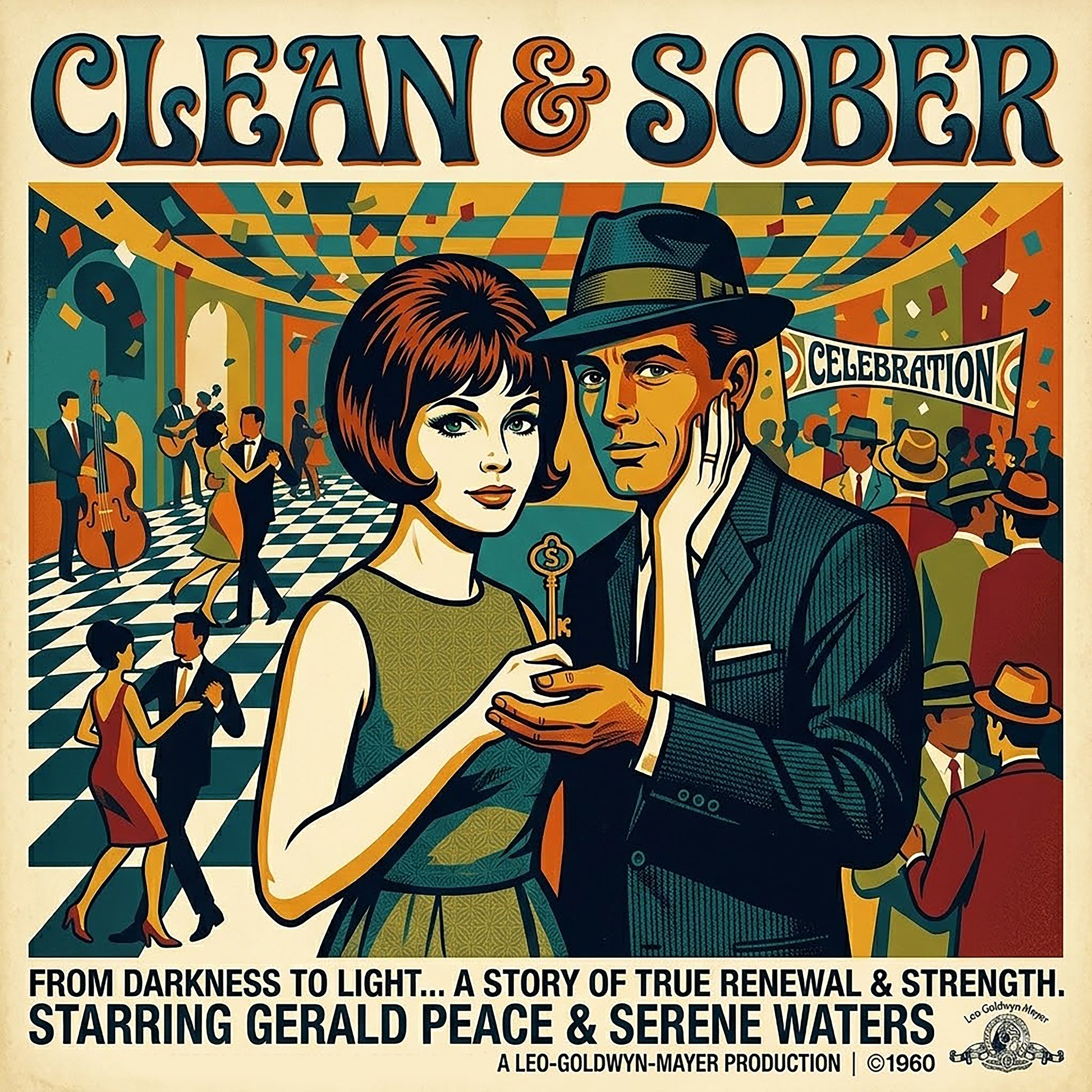 Thumbnail of a 1960s retro movie poster style “Clean & Sober” illustration featuring a stylish couple holding a symbolic key at a celebration with dancers, jazz club atmosphere, and vintage sobriety-themed typography on a coffee mug design.