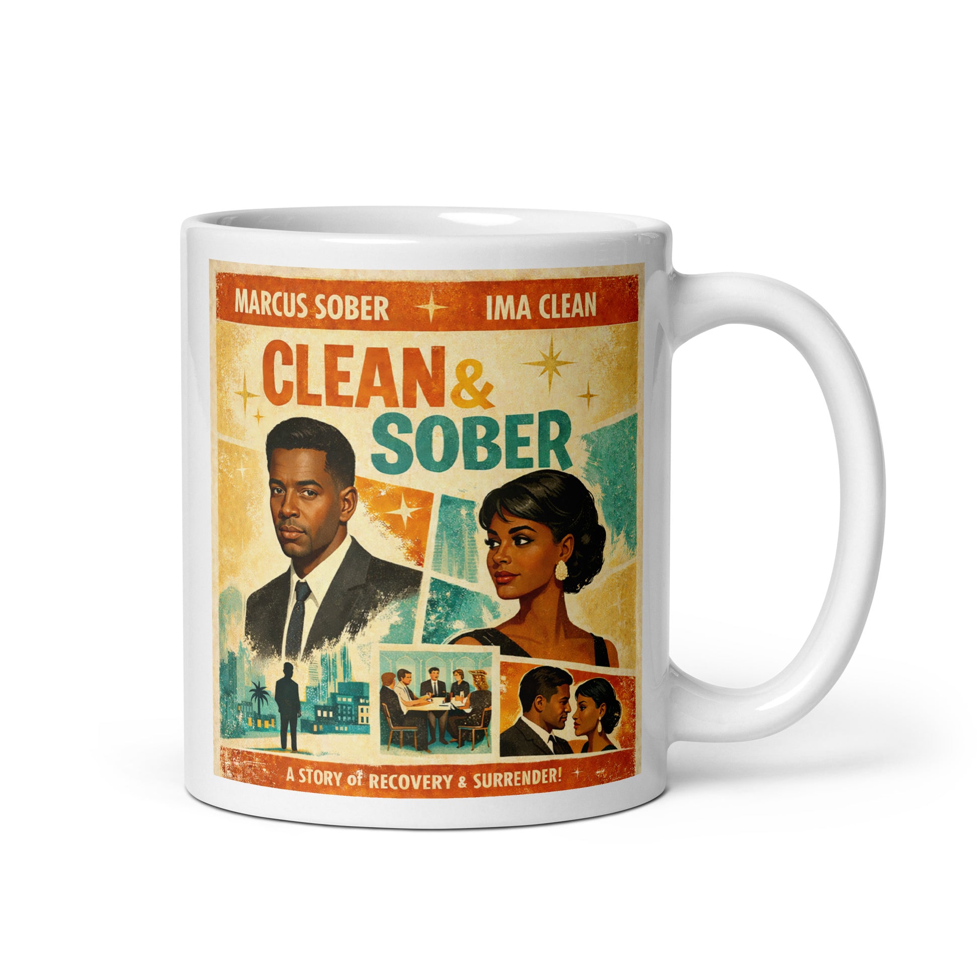 1960s retro movie poster style “Clean & Sober” sobriety illustration featuring elegant couple portraits, recovery scenes, city skyline, and vintage typography designed for a coffee mug. A story of recovery.