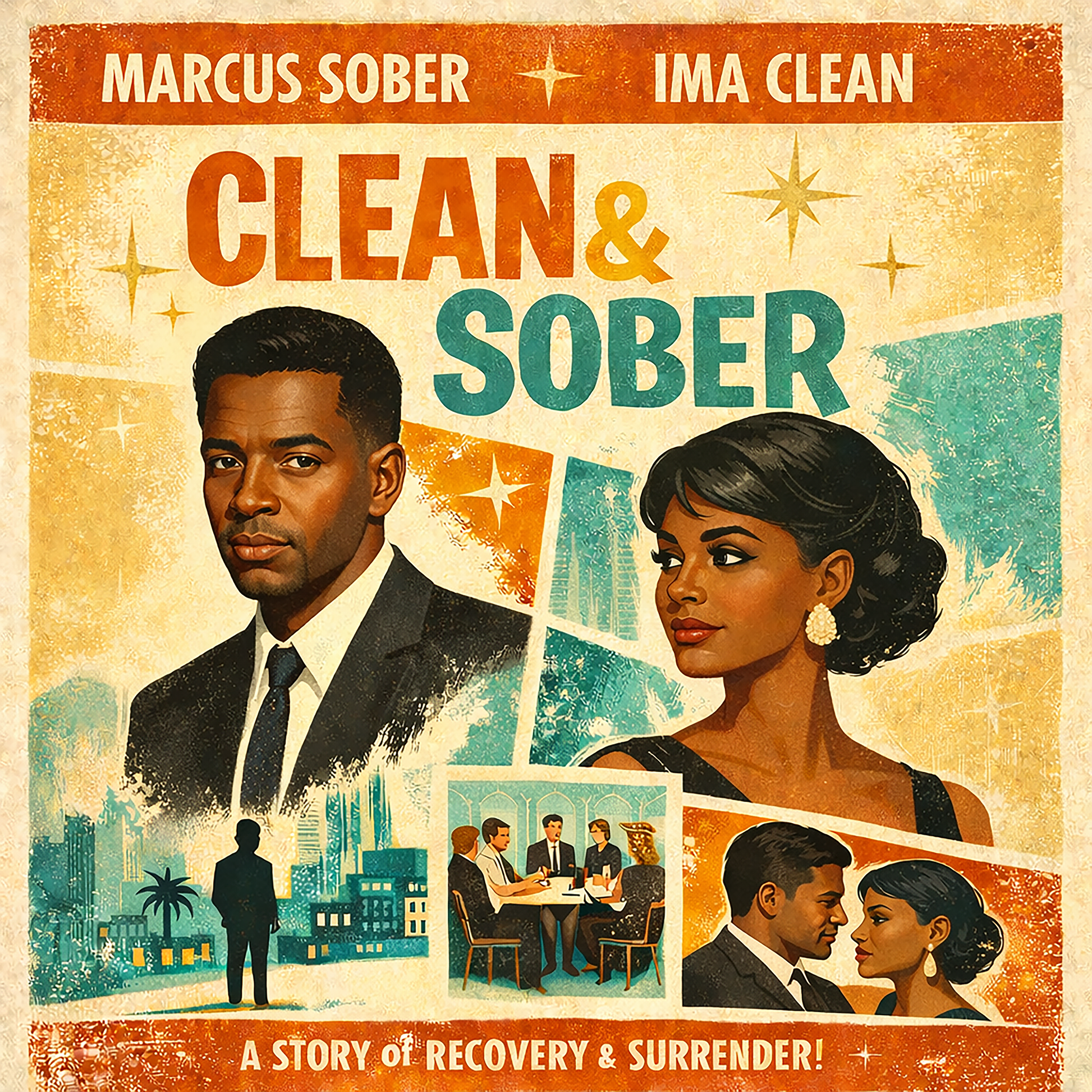 Thumbnail of a 1960s retro movie poster style “Clean & Sober” sobriety illustration featuring elegant couple portraits, recovery scenes, city skyline, and vintage typography designed for a coffee mug.