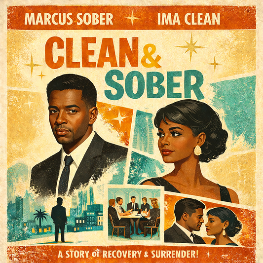 Thumbnail of a 1960s retro movie poster style “Clean & Sober” sobriety illustration featuring elegant couple portraits, recovery scenes, city skyline, and vintage typography designed for a coffee mug.