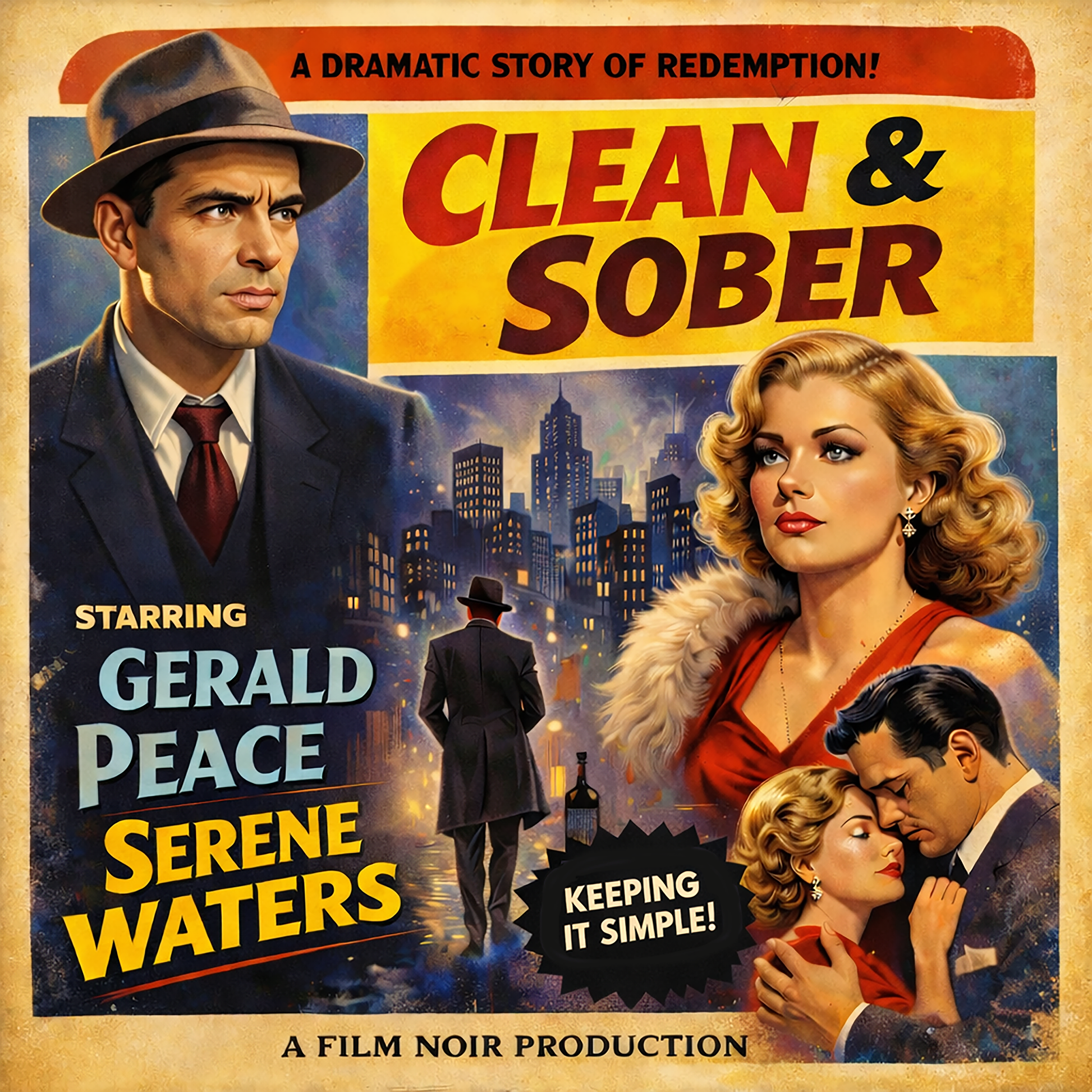 Thumbnail of a Retro 1960s film noir style “Clean & Sober” movie poster illustration featuring dramatic characters, vintage city skyline, romantic couple, and bold recovery-themed typography on a coffee mug design.