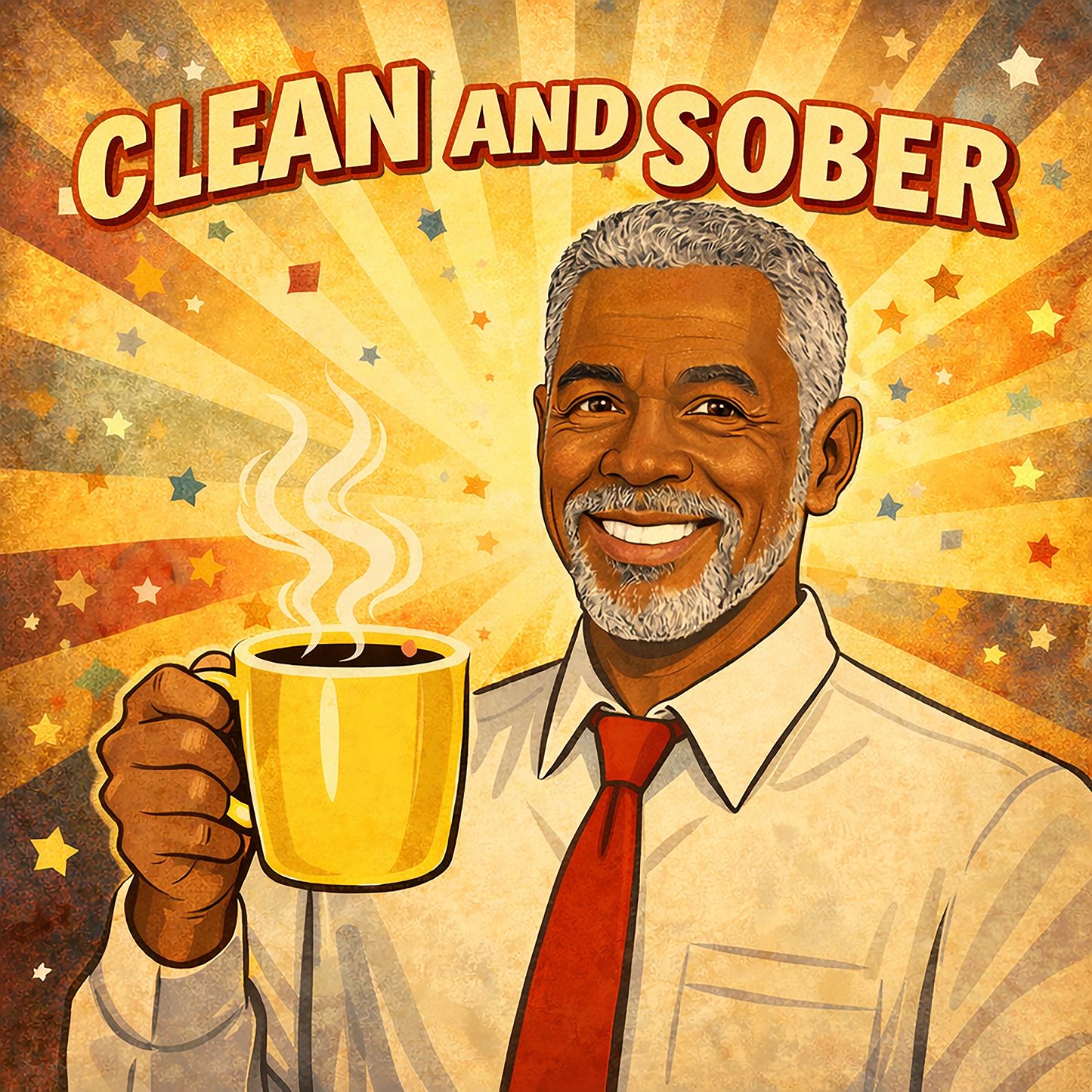 Retro inspired clean and sober coffee mug design featuring a smiling man holding a steaming coffee cup with vintage starburst background and uplifting recovery theme.