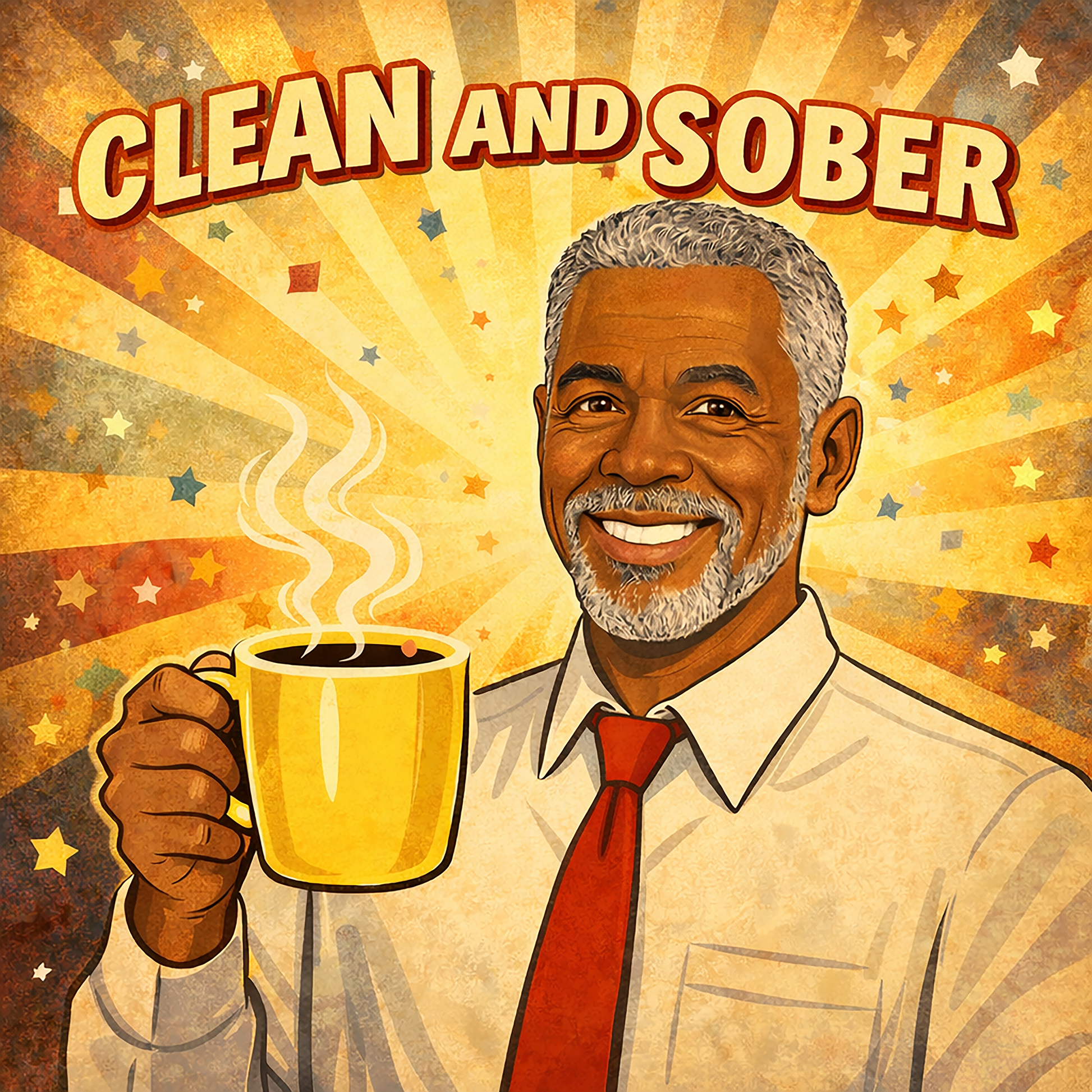 Retro inspired clean and sober coffee mug design featuring a smiling man holding a steaming coffee cup with vintage starburst background and uplifting recovery theme.