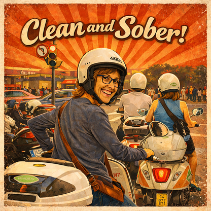 Retro inspired clean and sober coffee mug design featuring a smiling woman riding a scooter in traffic with vintage sunburst background and uplifting recovery theme.