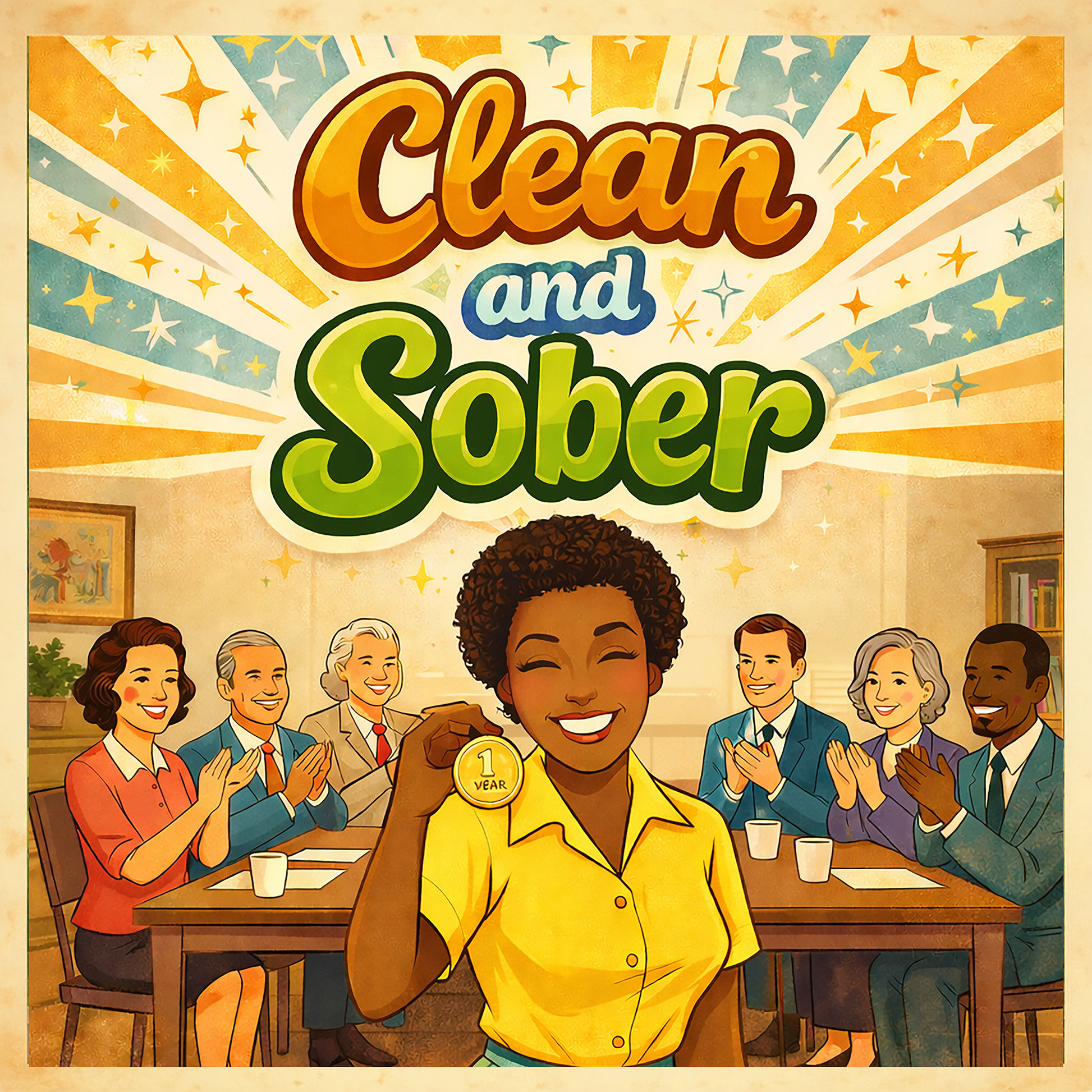 Retro inspired clean and sober coffee mug design featuring a smiling woman holding a 1 year sobriety medallion surrounded by supportive recovery group members and celebratory artwork.