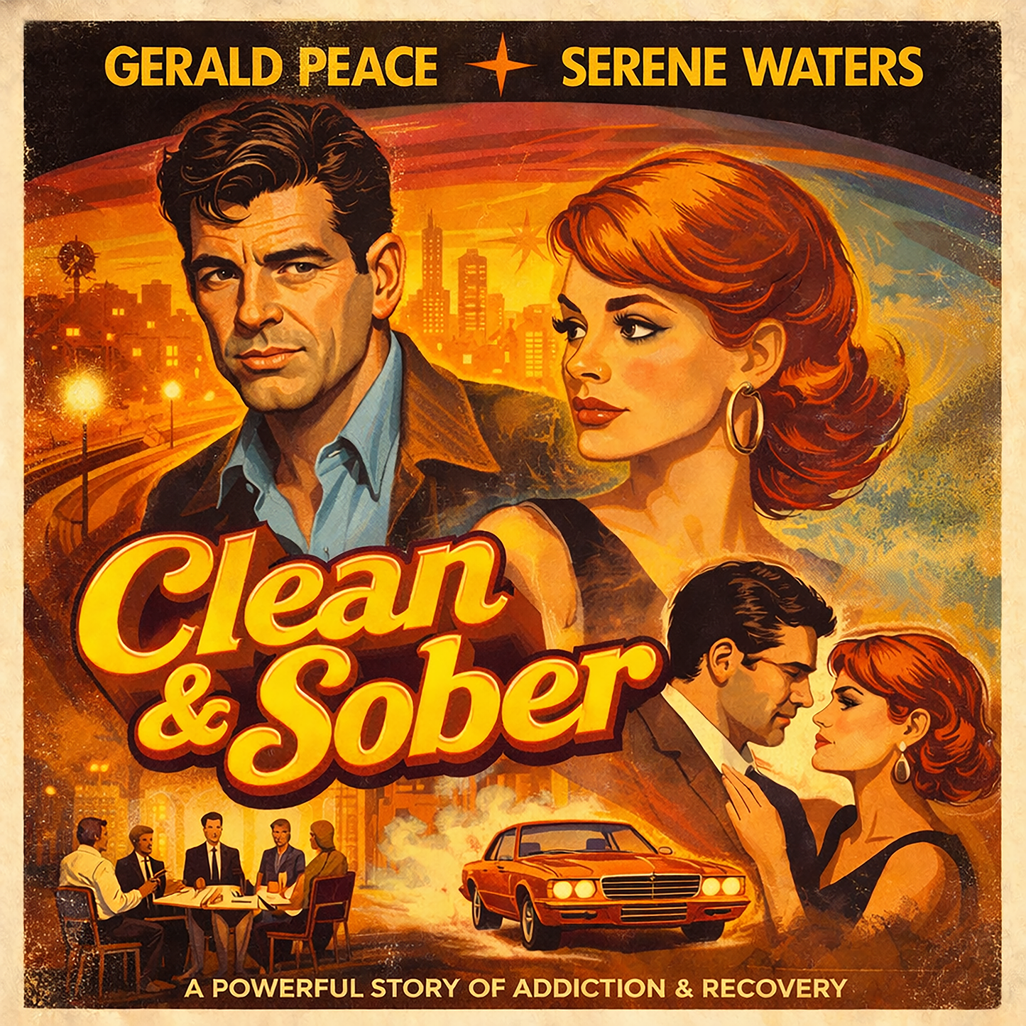 Vintage 1970s style clean and sober movie poster design featuring a retro couple, recovery meeting scene, classic car, and warm sunset city background with distressed cinematic artwork.
