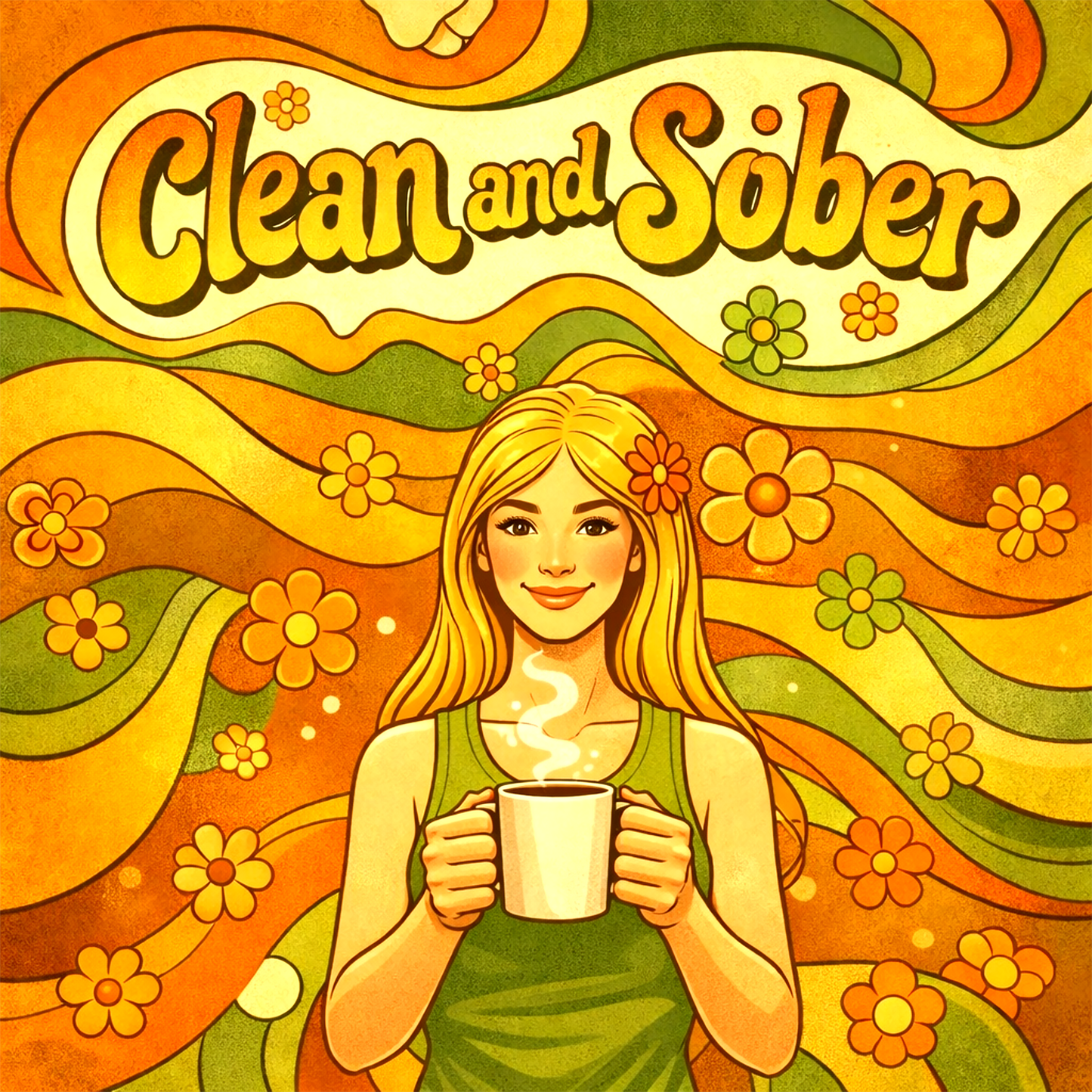 70s inspired clean and sober coffee mug design featuring retro flower power artwork, groovy typography, psychedelic patterns, and a woman holding a coffee mug.
