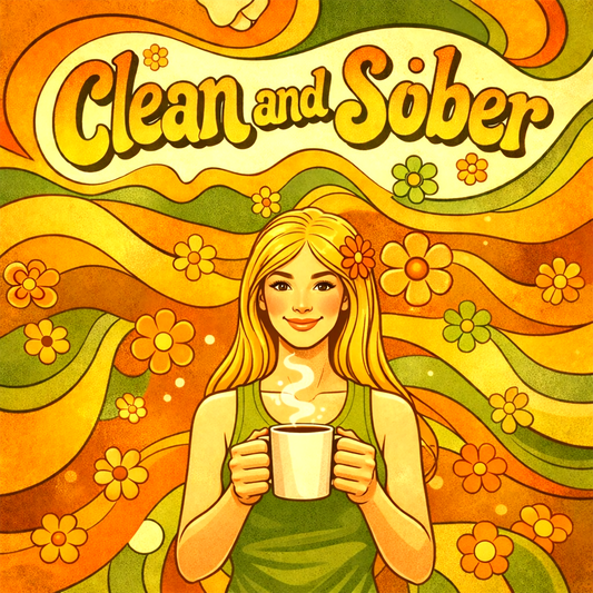 70s inspired clean and sober coffee mug design featuring retro flower power artwork, groovy typography, psychedelic patterns, and a woman holding a coffee mug.