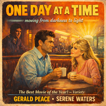 Vintage 70s-style recovery movie poster illustration featuring a man and woman sharing coffee in a diner beneath the words “One Day at a Time” with warm cinematic lighting and retro colors.