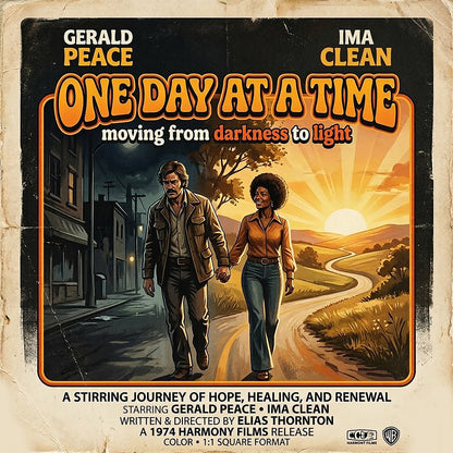 70s inspired sobriety coffee mug design featuring retro movie poster artwork with a couple walking toward a sunrise and “One Day at a Time” recovery message.